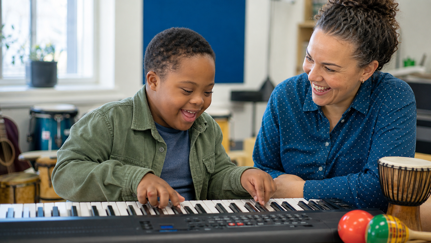 A child with Down syndrome enjoying an inclusive keyboard lesson with a supportive music tutor
